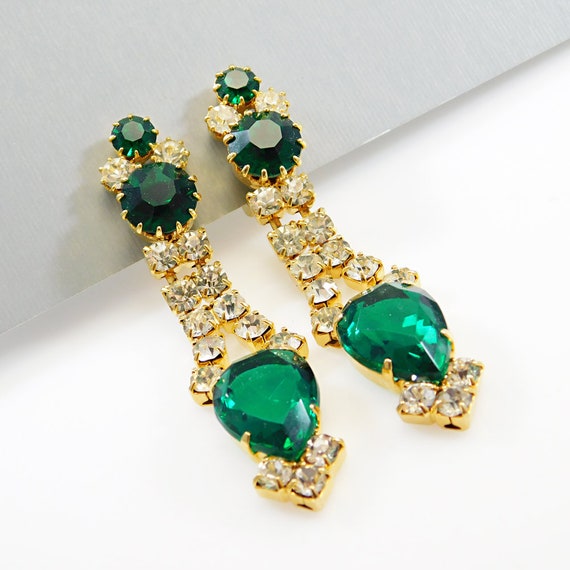 Long Vintage Green Rhinestone Earrings - image 2