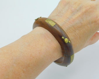 Vintage Wood Bangle, Studded Wood Bangle. Embelleshed Wooden Bracelet