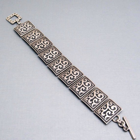 Wide Sterling Panel Link Bracelet, Vintage Sterli… - image 2