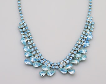 Vintage Blue Rhinestone Necklace Mid Century