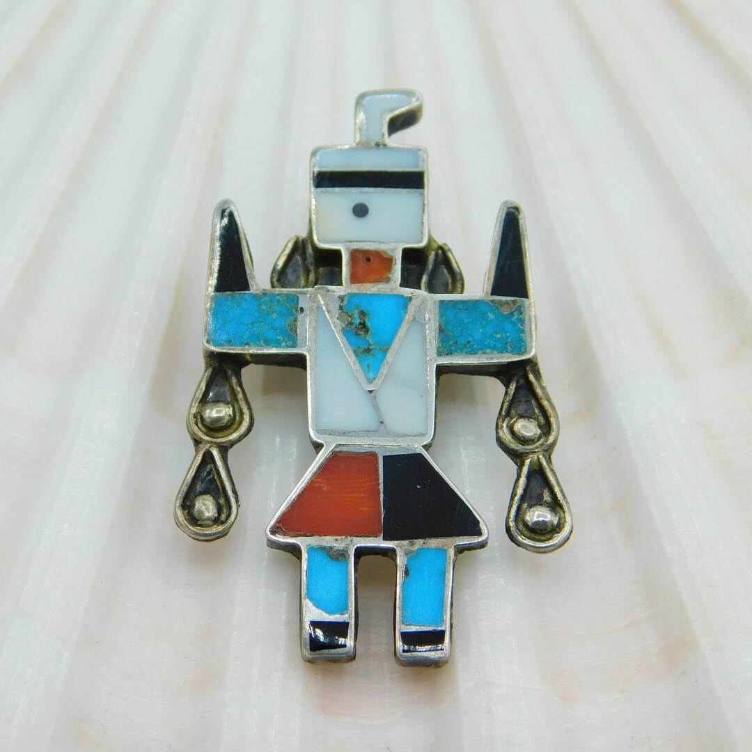 Vintage Inlaid Brooch, Medicine Man Brooch, Sterling Inlaid Turquoise