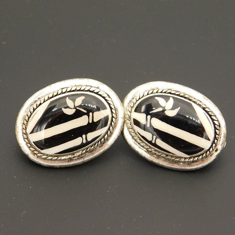 Vintage Enamel Earrings Black and White Bamboo Earrings Etsy