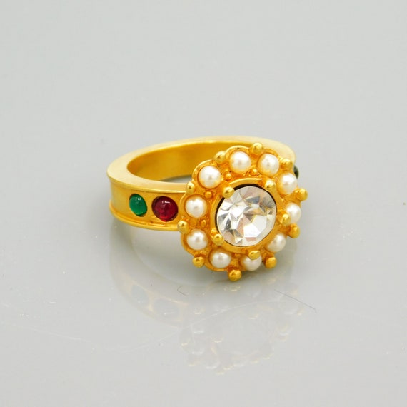 Vintage Rhinestone Pearl Ring, Georgian Style Ring - image 1