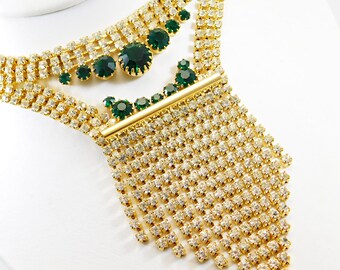 Green Rhinestone Bib Fringed Necklace Statement Necklace
