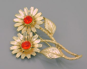 Vintage Rhinestone Flower Brooch, Double Flower Pin, Orange Rhinestone Brooch, Vintage Costume Jewelry