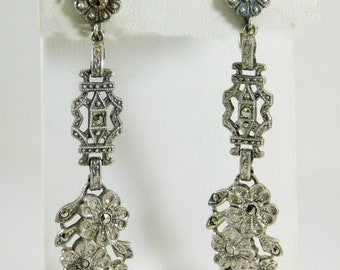 Long Art Deco Earrings, Sterling Marcasite Earrings, Art Deco Jewelry, Antique Bridal Jewelry, Art Deco Jewelry
