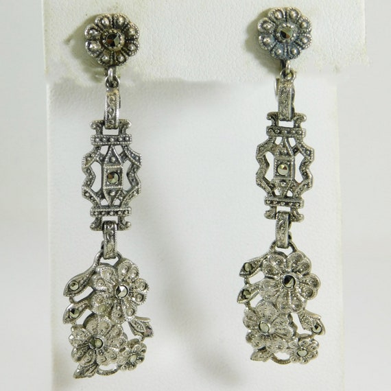 Long Art Deco Earrings, Sterling Marcasite Earring