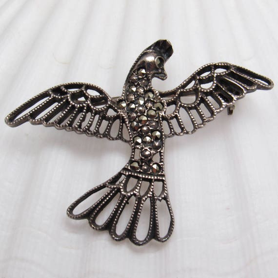 Sterling Marcasite Bird Brooch Vintage Jewelry  - image 1