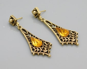Vintage Long Earrings, Dangly Earrings, Gold Rhinestone Earrings
