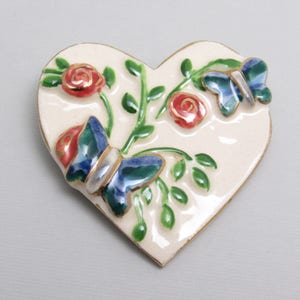 Ceramic Floral Heart Brooch, Vintage Butterfly Jewelry, Handpainted Jewelry,