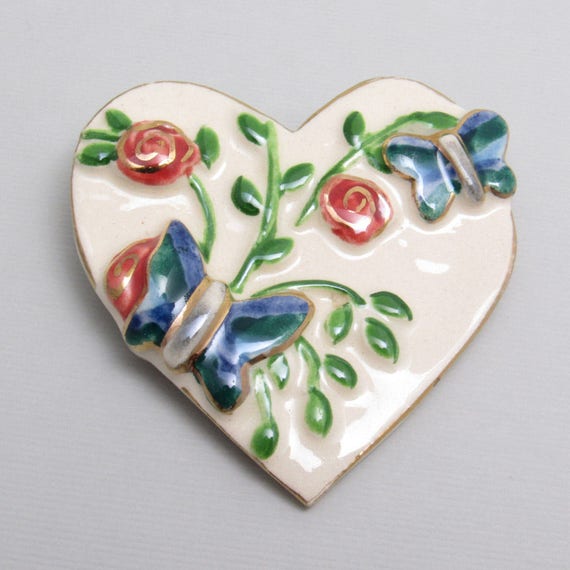 Ceramic Heart Brooch, Vintage Heart Jewelry, Vinta