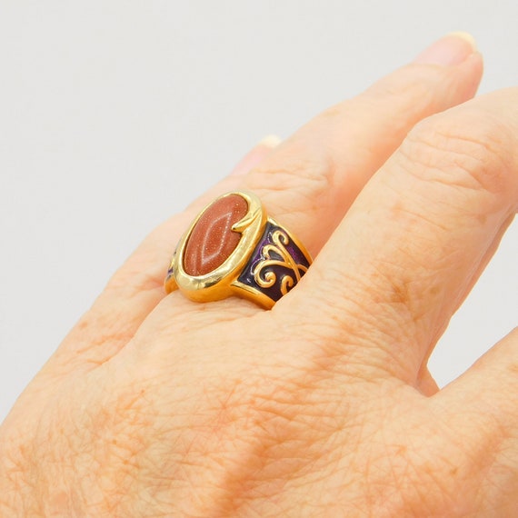 Sterling Enamel Ring, Vermeil Goldstone Sparkly R… - image 6