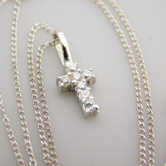Vintage Petite Sterling CZ Cross Necklace, Small … - image 4
