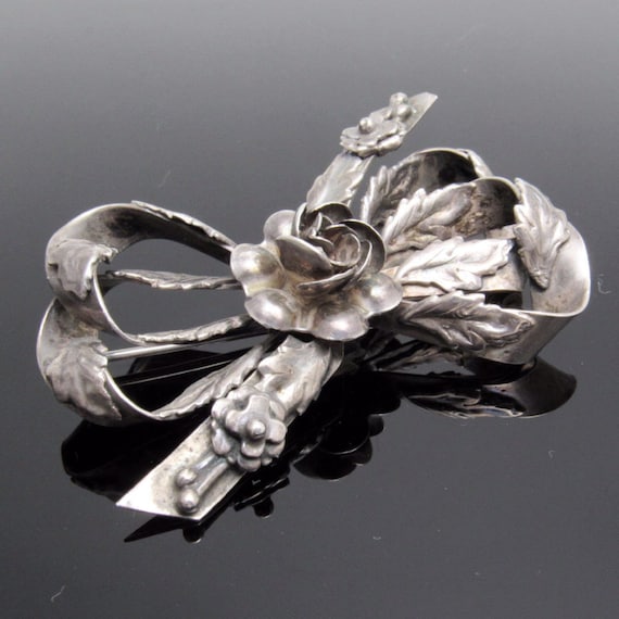 Vintage Sterling Hobe Bow Brooch, Large Floral Bow