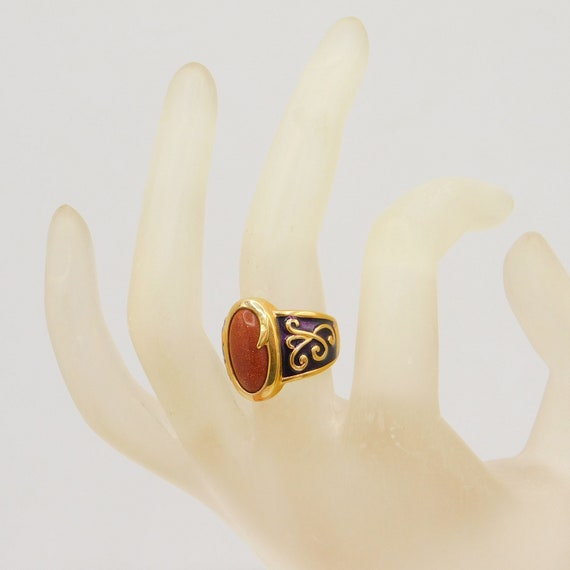 Sterling Enamel Ring, Vermeil Goldstone Sparkly R… - image 8