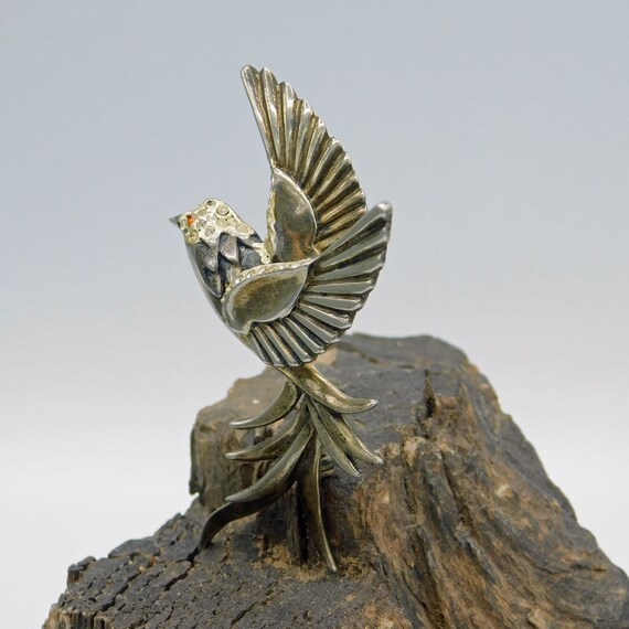 Vintage Sterling Bird Brooch, Bird in Flight, Big… - image 4