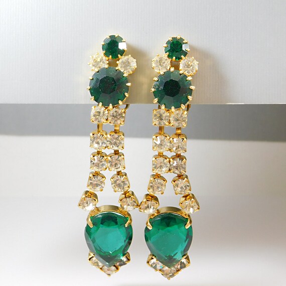 Long Vintage Green Rhinestone Earrings - image 3