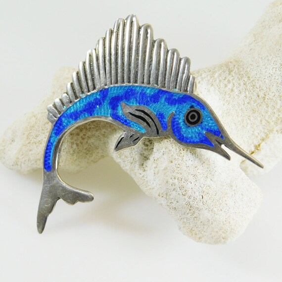 Sterling Enamel Swordfish Brooch, Unique Sterling… - image 8