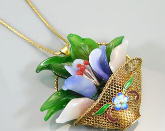 Gold Plated Sterling Glass Flower Pendant Brooch Combo, Enamel Jewelry