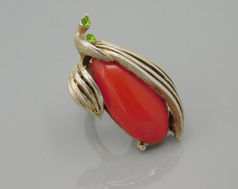 Big Vintage Ring, Vintage Costume Jewelry,  Red Orange Ring, Unusual Ring, Long Vintage Ring