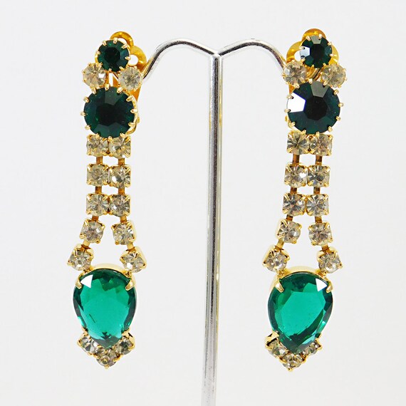 Long Vintage Green Rhinestone Earrings - image 7