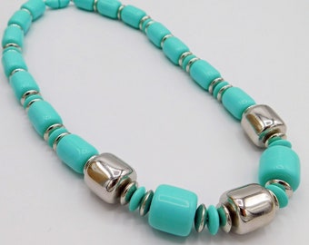 Turquoise Blue Bead Necklace, Vintage Bead Necklace, Mid Century Jewelry, Vintage Necklace, Chubby Bead Necklace