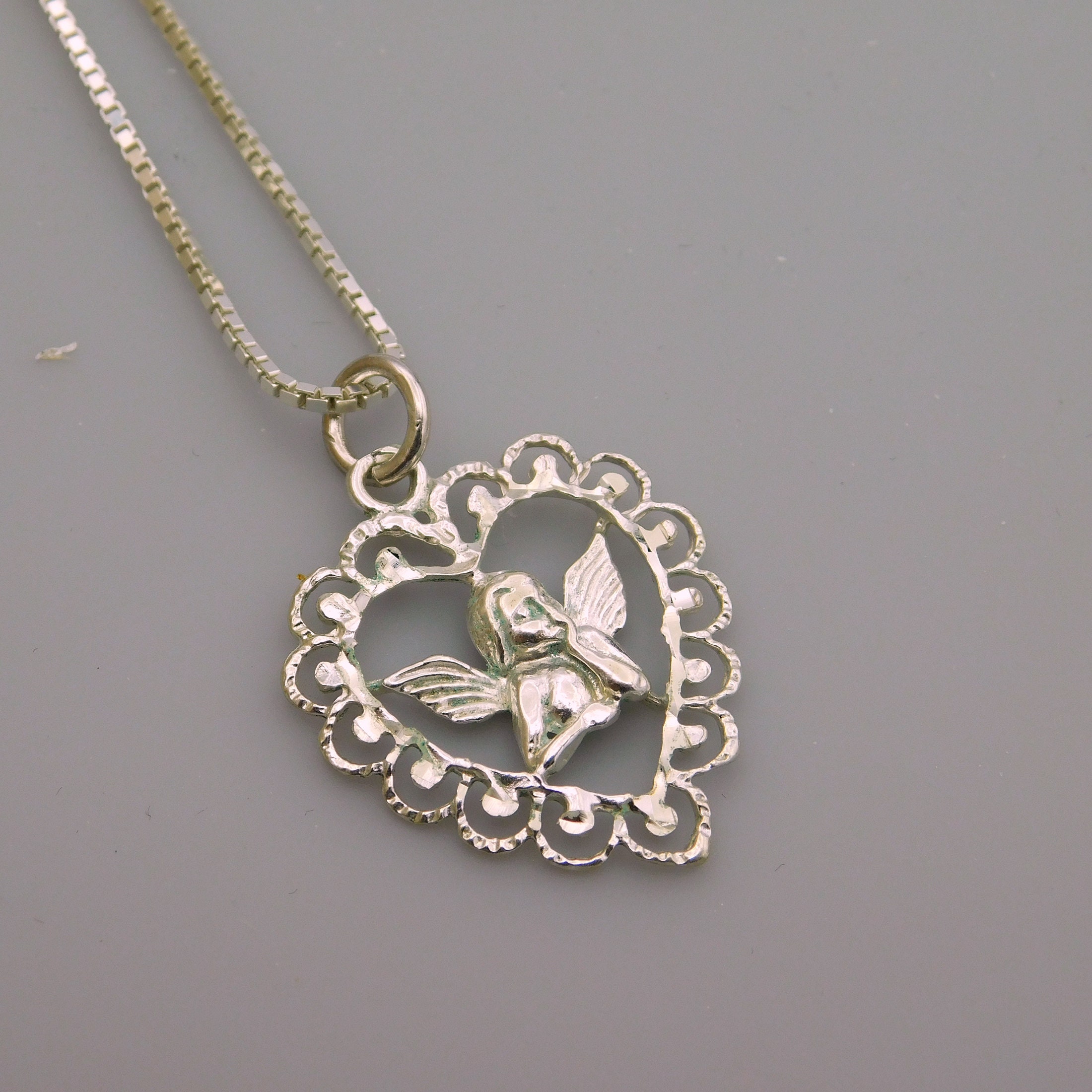 スターリング ハート ペンダント、ヴィンテージ キューピッド