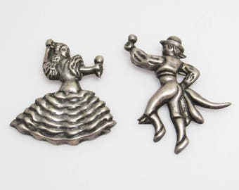 Large Sterling Brooch Set, Sterling Flamenco Dancers Brooch, Vintage Mexican Silver, Dancing Couple, Vintage Statement Brooch, Maracas