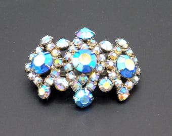 Blue AB Rhinestone Brooch, Vintage Costume Jewelry
