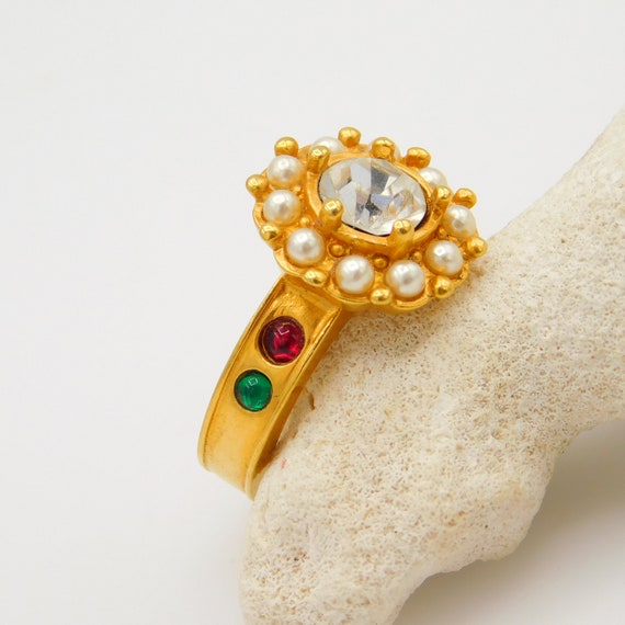 Vintage Rhinestone Pearl Ring, Georgian Style Ring - image 2