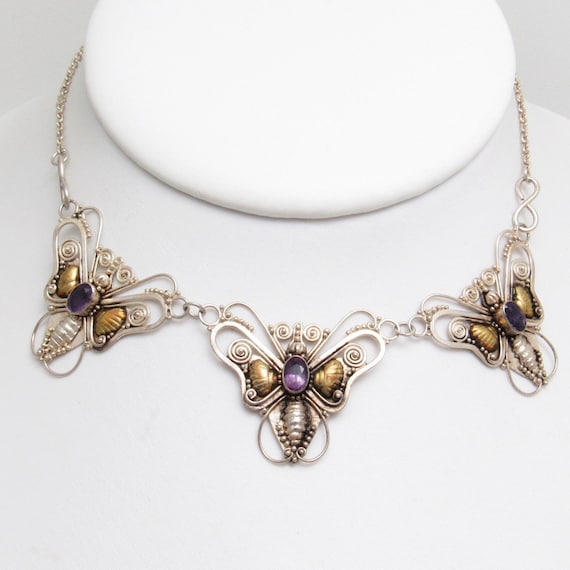 Sterling Butterfly Necklace, Amethyst Butterfly N… - image 4