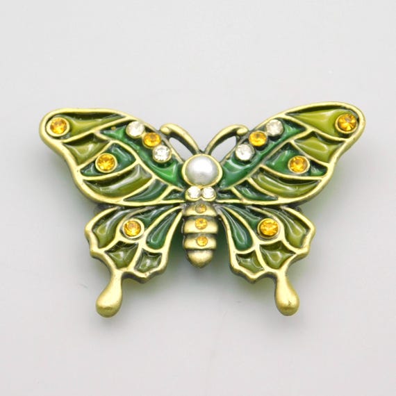 Vintage Butterfly Brooch, Pearl and Green Stained Glass