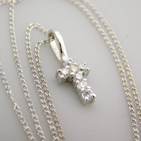 Vintage Petite Sterling CZ Cross Necklace, Small … - image 5