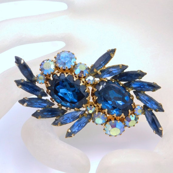 Vintage Blue Rhinestone Brooch, Rhinestone Statem… - image 2