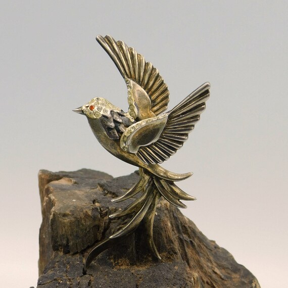 Vintage Sterling Bird Brooch, Bird in Flight, Big… - image 2