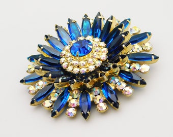 Juliana Starburst Brooch: Blue Rhinestone Aurora Borealis Brooch