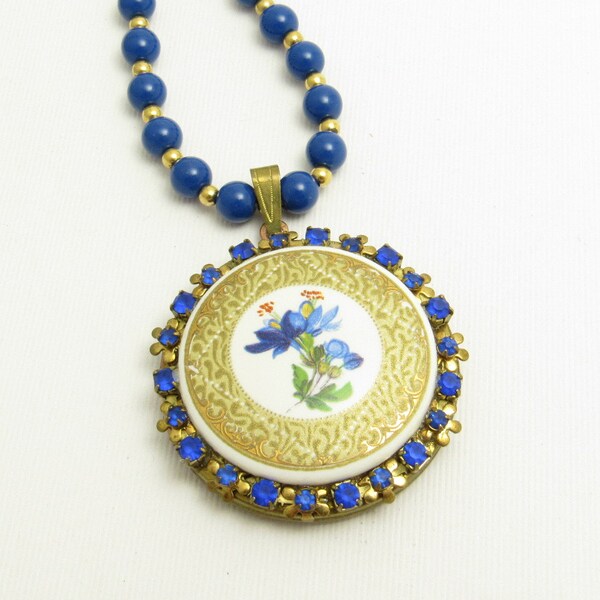 Vintage Rhinestone Locket Necklace Blue Beads