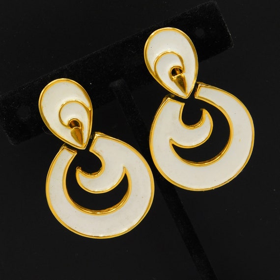 Long Trifari Earrings, White Enamel Earrings, Uni… - image 1