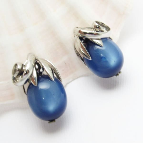 Napier Blue Kumquat Moonglow Earrings,  Vintage Mid-Century Jewelry