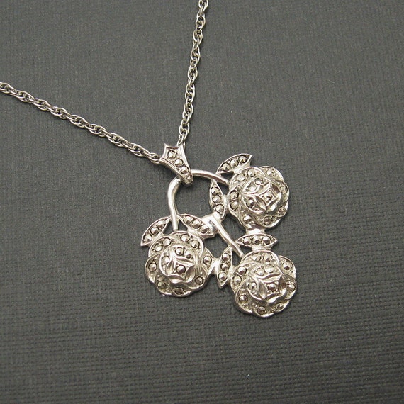 Sterling Marcasite Art Deco Rose Pendant Vintage … - image 1