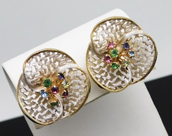 Vintage Rhinestone Flower Earrings, Clip On Earrings