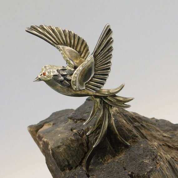 Vintage Sterling Bird Brooch, Bird in Flight, Big… - image 6