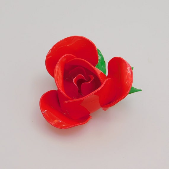 Vintage Flower Brooch, Blooming Red Rose, Red Ros… - image 6