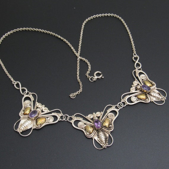 Sterling Butterfly Necklace, Amethyst Butterfly N… - image 1