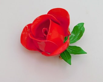 Vintage Flower Brooch, Blooming Red Rose, Red Rose Brooch, Vintage Flower Jewelry