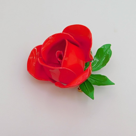 Vintage Flower Brooch, Blooming Red Rose, Red Ros… - image 1