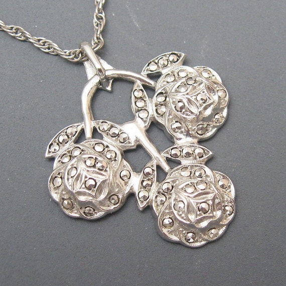 Sterling Marcasite Art Deco Rose Pendant Vintage … - image 2