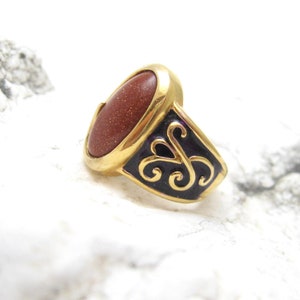 Sterling Enamel Ring, Vermeil Goldstone Sparkly Ring, Gold Plated Sterling Ring