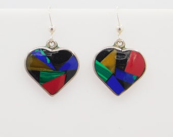 Vintage Gemstone Heart Earrings, Sterling Heart Earrings, Dangly Heart Earrings, Vintage Sterling Jewelry