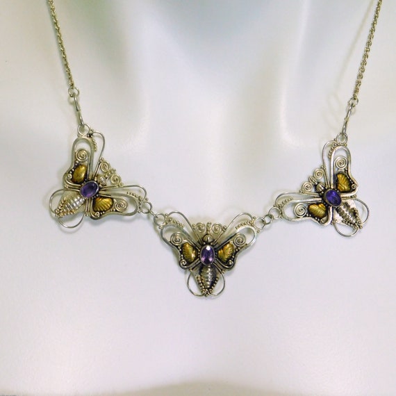 Sterling Butterfly Necklace, Amethyst Butterfly N… - image 2